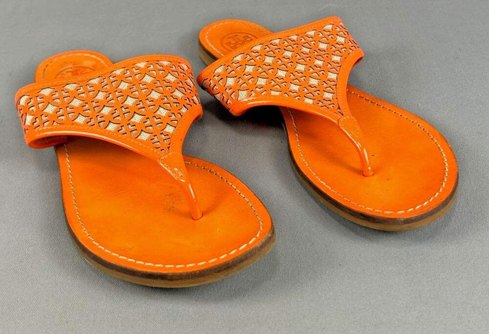 Tory Burch Roselle Orange Leather Laser Cut Lattice Thong Flat Sandals Slides 8M
